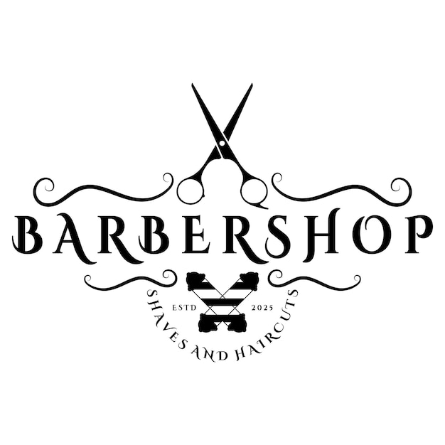 Logotipo de barbería corte de pelo vintage retro afeitarse con tijeras palo de afeitar peine afeitera para emblemas
