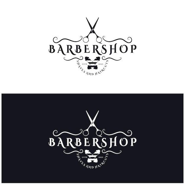 Logotipo de barbería corte de pelo vintage retro afeitarse con tijeras palo de afeitar peine afeitera para emblemas