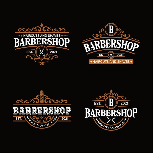 Vector logotipo de barbería en estilo vintage. perfecto para logotipos, etiquetas, insignias.