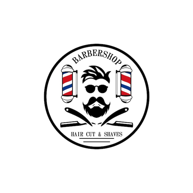 Logotipo de la barbería con palo de barbería y herramientas de afeitar