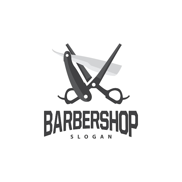 Logotipo de barbería tijeras vectoriales retro vintage minimalista tipografía diseño de ornamentación