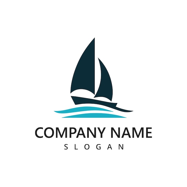 Logotipo del barco de vela y la ola del mar para Ocean Sailing Adventure Travel Trip Transportation