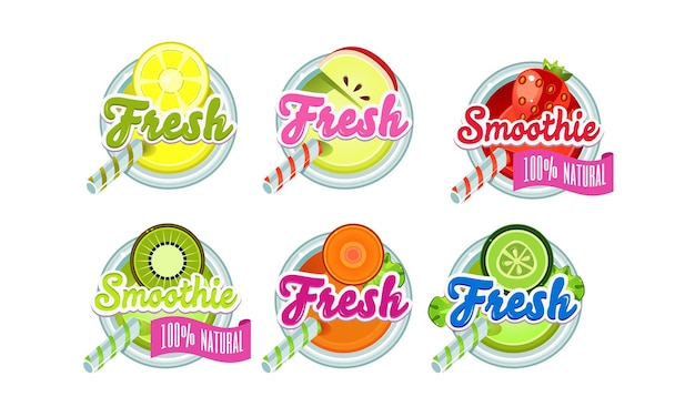 Logotipo de batidos frescos conjunto limón manzana fresa kiwi naranja lima bebida fresca insignias vector