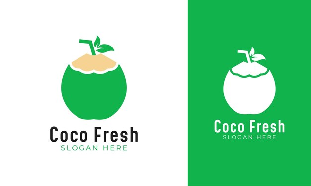 Logotipo de bebida de coco fresco con icono de hoja