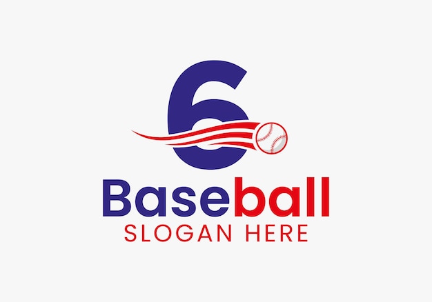 Logotipo de béisbol de letra 6 con plantilla de vector de icono de béisbol en movimiento