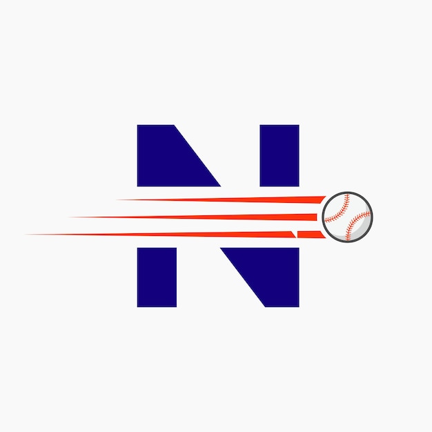 Logotipo de béisbol con letra inicial N con icono de béisbol en movimiento