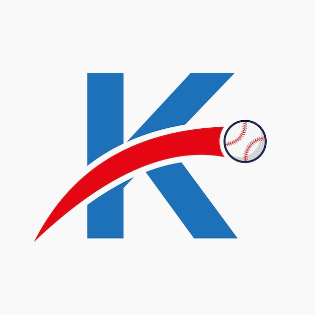 Logotipo de béisbol en la letra K con icono de béisbol en movimiento Plantilla de logotipo de béisbol