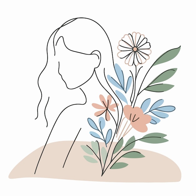 logotipo de belleza arte de una sola línea de una mujer con flores en estilo minimalista