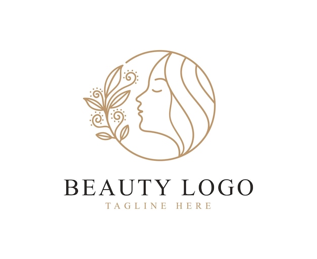 Logotipo de belleza con cabeza de mujer dentro de círculo y diseño de flor floral de hoja vector