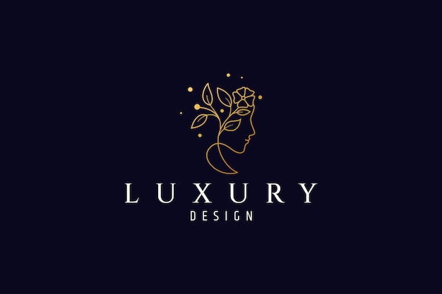 Logotipo de belleza de mujer en color dorado de lujo con estilo de diseño de arte lineal
