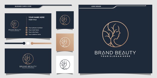 Logotipo de belleza de mujer con concepto de rostro de mujer hermosa combinada estilo de arte de línea floral de dan Vector Premium