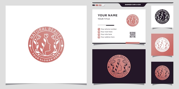 Logotipo de belleza natural para mujer con flor rosa y diseño de tarjeta de visita Vector Premium