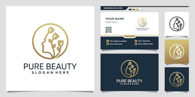 Logotipo de belleza pura con estilo de arte lineal y diseño de tarjeta de visita vector premium