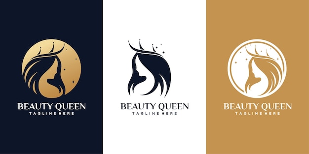 logotipo de belleza de reina con concepto de estilo de cabello creativo vector premium