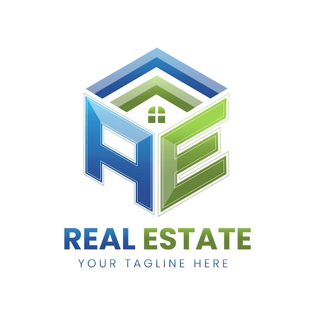 logotipo de bienes raíces AE de gradiente vectorial