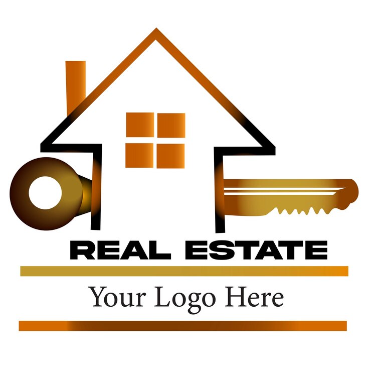 Logotipo de bienes raíces con casa y llave