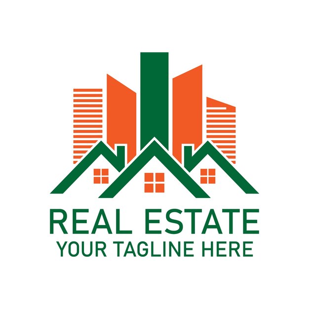 Logotipo de bienes raíces con casas y edificios