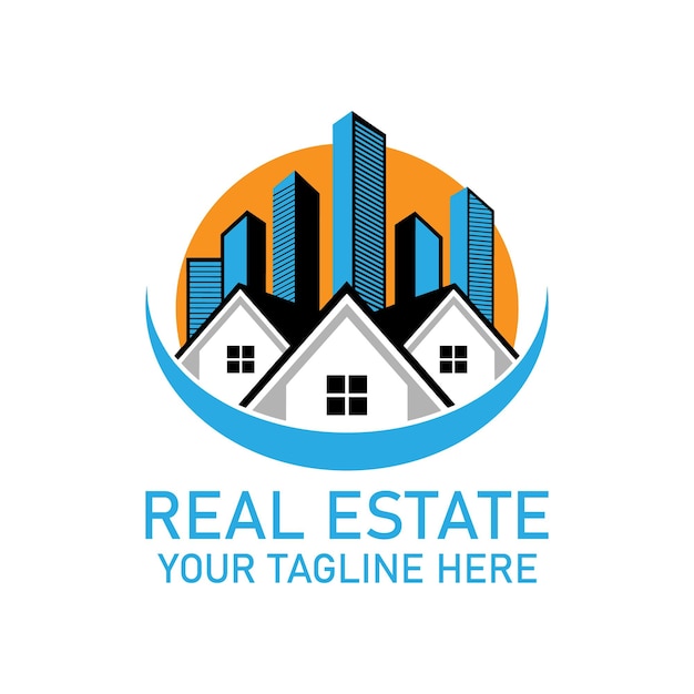 Logotipo de bienes raíces con casas y horizonte de la ciudad
