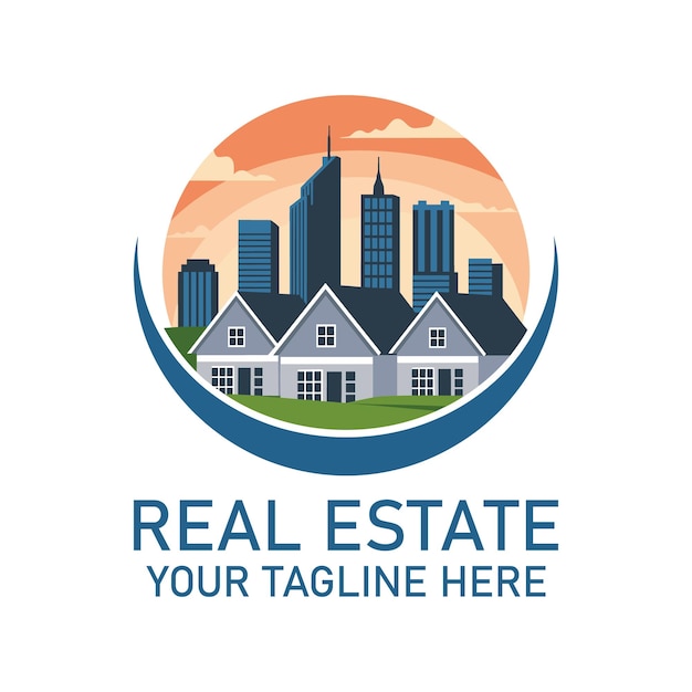 Logotipo de bienes raíces con casas y horizonte de la ciudad