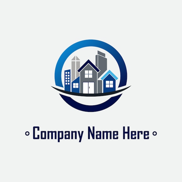 Logotipo de bienes raíces con casas, rascacielos y un anillo de color gris azul