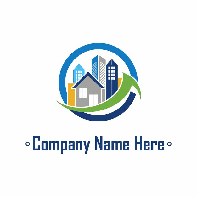 Logotipo de bienes raíces con casas, rascacielos y un anillo de color gris azul
