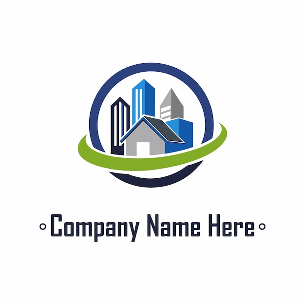 Logotipo de bienes raíces con casas, rascacielos y un anillo de color gris azul