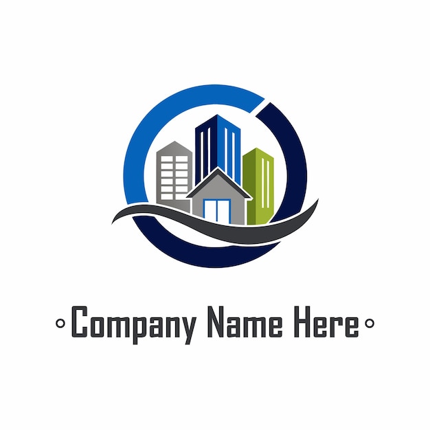 Logotipo de bienes raíces con casas, rascacielos y un anillo de color gris azul