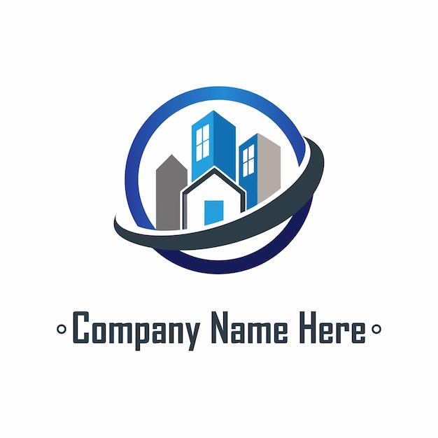 Logotipo de bienes raíces con casas, rascacielos y un anillo de color gris azul