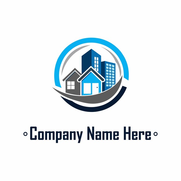 Logotipo de bienes raíces con casas, rascacielos y un anillo de color gris azul