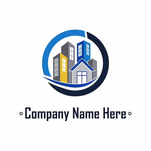 Logotipo de bienes raíces con casas, rascacielos y un anillo de color gris azul
