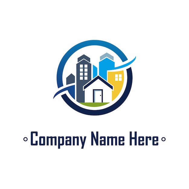Logotipo de bienes raíces con casas, rascacielos y un anillo de color gris azul