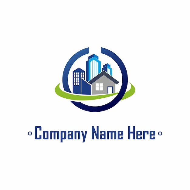 Logotipo de bienes raíces con casas, rascacielos y un anillo de color gris azul
