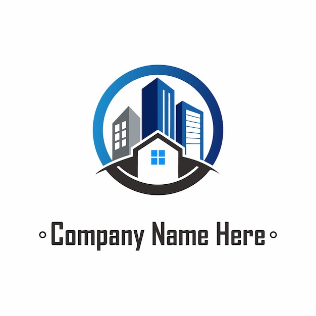 Logotipo de bienes raíces con casas, rascacielos y un anillo de color gris azul