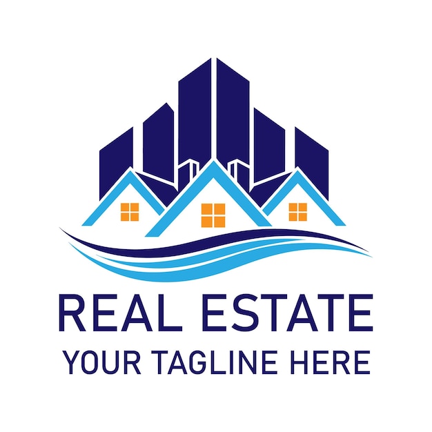 Logotipo de bienes raíces con casas y rascacielos