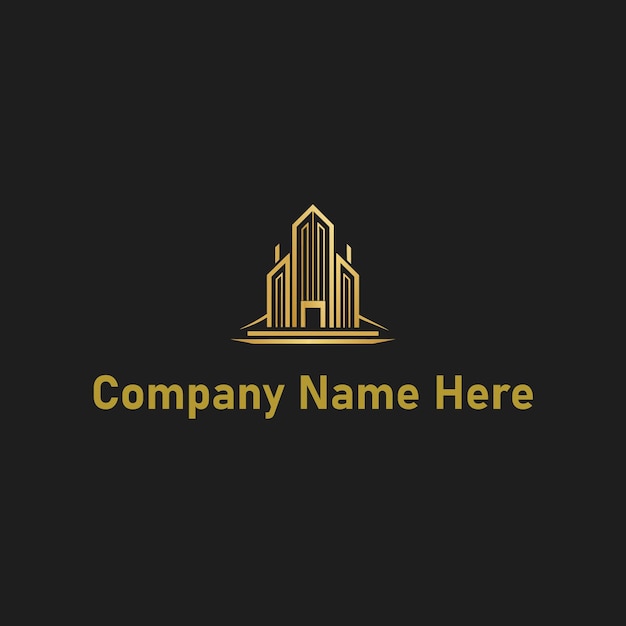 Logotipo de bienes raíces dorado con un edificio alto y el contorno de la casa