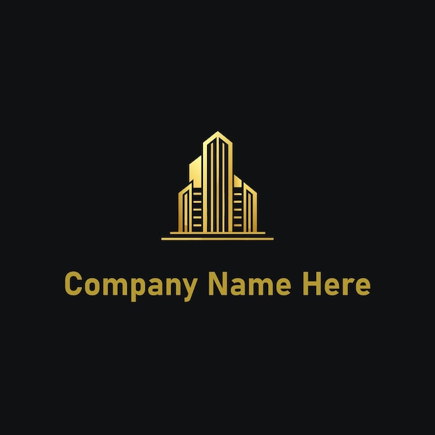 Logotipo de bienes raíces dorado con un edificio alto y el contorno de la casa