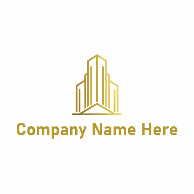 Logotipo de bienes raíces dorado con un edificio alto y el contorno de la casa