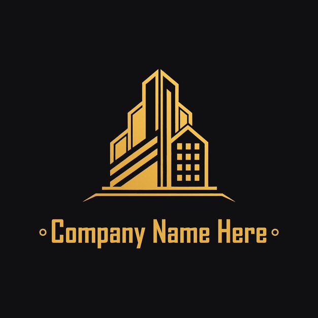 Logotipo de bienes raíces dorado con un edificio alto y el contorno de la casa