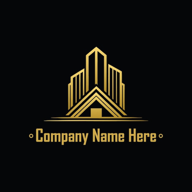 Logotipo de bienes raíces dorado con un edificio alto y el contorno de la casa