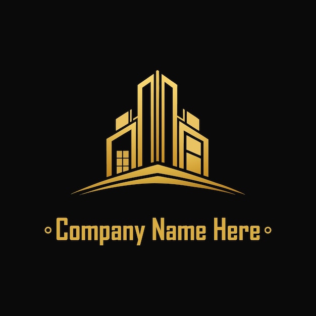 Logotipo de bienes raíces dorado con un edificio alto y el contorno de la casa