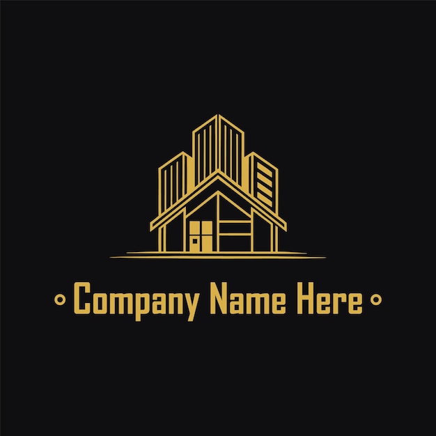 Logotipo de bienes raíces dorado con un edificio alto y el contorno de la casa