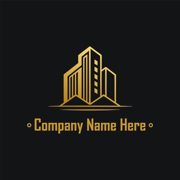 Logotipo de bienes raíces dorado con un edificio alto y el contorno de la casa