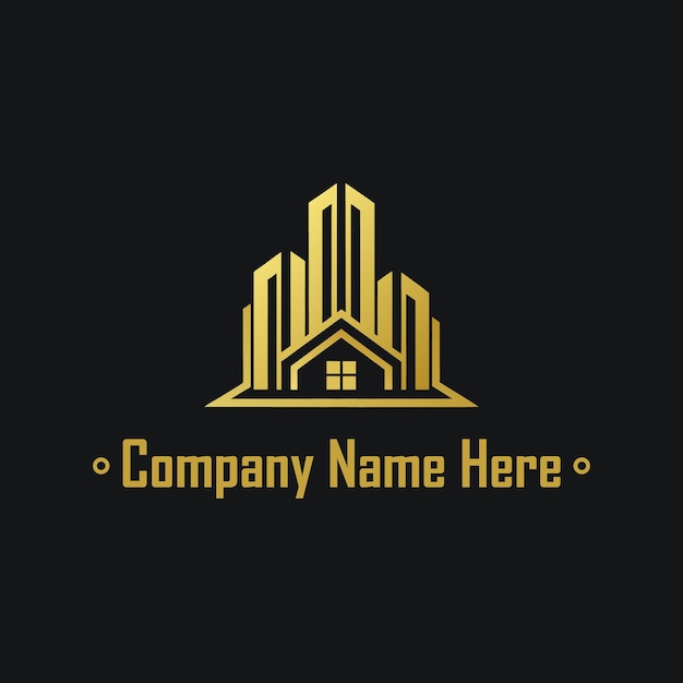 Logotipo de bienes raíces dorado con un edificio alto y el contorno de la casa