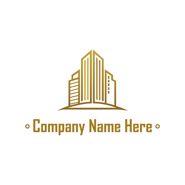 Logotipo de bienes raíces dorado con un edificio alto y el contorno de la casa