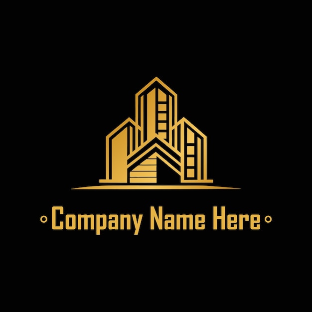 Logotipo de bienes raíces dorado con un edificio alto y el contorno de la casa