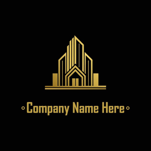 Logotipo de bienes raíces dorado con un edificio alto y el contorno de la casa