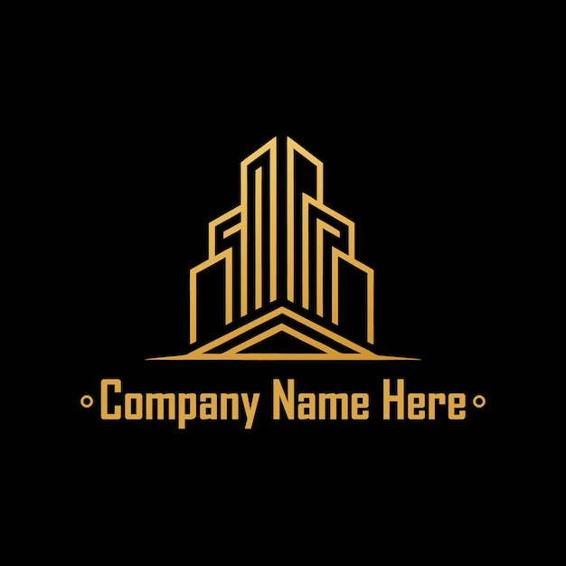 Logotipo de bienes raíces dorado con un edificio alto y el contorno de la casa