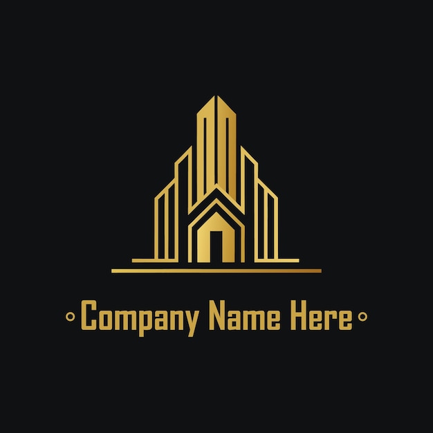Logotipo de bienes raíces dorado con un edificio alto y el contorno de la casa