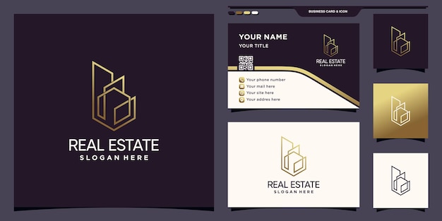 Logotipo de bienes raíces con estilo de arte de línea dorada y diseño de tarjeta de visita Vector Premium