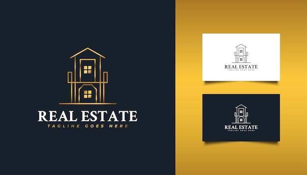 Logotipo de bienes raíces de lujo con estilo de línea en degradado dorado. Logotipo de construcción, arquitectura, edificio o casa
